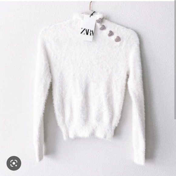 Zara Tops - Zara white faux fur long sleeves button heart pearl accent top